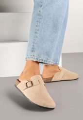 Beżowe Klapki Ozdobione Klamrą na Pasku Zelevelis. Brązowe klapki damskie Renee, bez wzorów, z jeansu, bez obcasa, na obcasie. Za 54.99 zł.