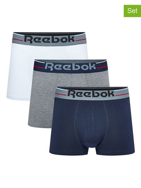 Reebok Bokserki (3 pary) w kolorze granatowym, białym i szarym rozmiar: S. Białe bokserki męskie Reebok, bez wzorów. Za 66.47 zł.