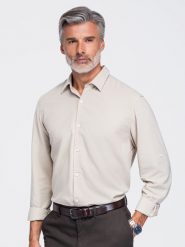 Męska wiskozowo-lniana koszula o kroju regular - beżowa V1. Szare koszule męskie Ombre Clothing, m, bez wzorów, z denimu, bez kołnierzyka, bez ramiączek. W wyprzedaży za 129.99 zł.