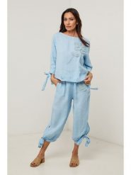 Le Monde du Lin Lniane spodnie w kolorze błękitnym rozmiar: 40/42. Niebieskie spodnie materiałowe damskie Le Monde du Lin, bez wzorów, ze lnu. Za 130.99 zł.