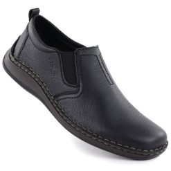 Skórzane półbuty męskie wsuwane czarne Rieker 05264-00. Czarne półbuty męskie Rieker, ze skóry, bez zapięcia. Za 339.00 zł.