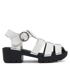 Sandały Fly London. Czarne sandały damskie Fly London, bez wzorów, bez obcasa, na słupku. Za 589.99 zł.