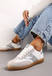 Biało-Srebrne Sneakersy Tenisówki z Klasycznym Sznurowaniem Norio. Białe trampki i tenisówki damskie Renee, bez wzorów, z jeansu. Za 69.99 zł.