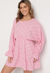 Fuksjowa Bawełniana Sukienka w Paski z Kokardkami Xalriti. Czerwone sukienki damskie Born2be, na co dzień, bez wzorów, z bawełny, eleganckie, bez kołnierzyka, bez ramiączek, mini. Za 109.99 zł.