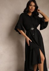Czarna Koszulowa Sukienka Ozdobiona Falbanką Ransara. Czarne sukienki damskie Renee, na co dzień, bez wzorów, eleganckie, bez kołnierzyka, bez ramiączek, midi, koszulowe. W wyprzedaży za 76.99 zł.