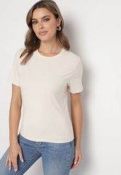 Beżowy Wiskozowy T-shirt w Klasycznym Stylu Arivoria. Brązowe t-shirty damskie Born2be, m, z aplikacjami, z jeansu, bez kołnierzyka. Za 44.99 zł.