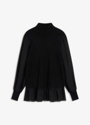 Sweter z cienkiej dzianiny z koszulowymi wstawkami. Czarne swetry klasyczne damskie bonprix, z dzianiny, bez kołnierzyka. Za 107.99 zł.