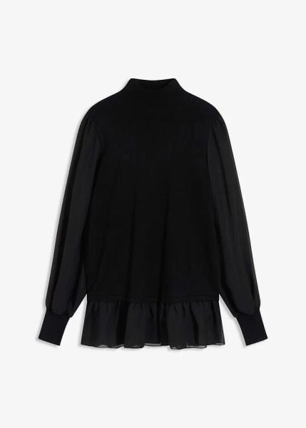 Sweter z cienkiej dzianiny z koszulowymi wstawkami. Czarne swetry klasyczne damskie bonprix, z dzianiny, bez kołnierzyka. Za 107.99 zł.