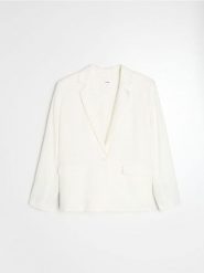 Żakiet z kieszeniami z domieszką wiskozy i lnu - biały. Białe marynarki i żakiety damskie Sinsay, l, bez wzorów, z wiskozy. Za 79.99 zł.