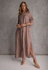 Beżowa Sukienka z Wiskozą o Koszulowym Kroju w Giraffe Print Braloria. Brązowe sukienki damskie Renee, na randkę, l, bez wzorów, z wiskozy, klasyczne, bez kołnierzyka, bez ramiączek, maxi, koszulowe. Za 149.99 zł.