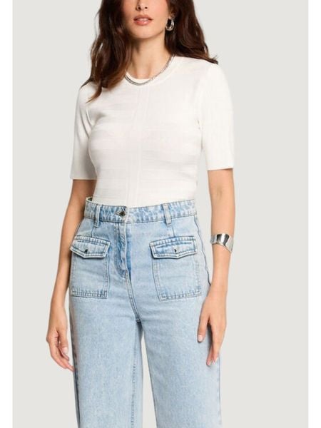 Morgan Bluzka 242-MENTHE Écru Slim Fit. Bluzki damskie Morgan, m, bez wzorów, z wiskozy, bez kołnierzyka, bez ramiączek. Za 129.99 zł.