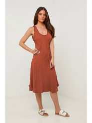 Rodier Lin Lniana sukienka w kolorze jasnobrązowym rozmiar: L/XL. Brązowe sukienki damskie Rodier Lin, l, bez wzorów, ze lnu, bez kołnierzyka, bez ramiączek, midi. Za 119.12 zł.