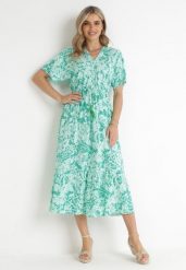 Miętowa Sukienka Gertisa. Zielone sukienki damskie Born2be, na co dzień, l, bez wzorów, z wiskozy, eleganckie, bez kołnierzyka, bez ramiączek, midi, kopertowe. W wyprzedaży za 79.99 zł.