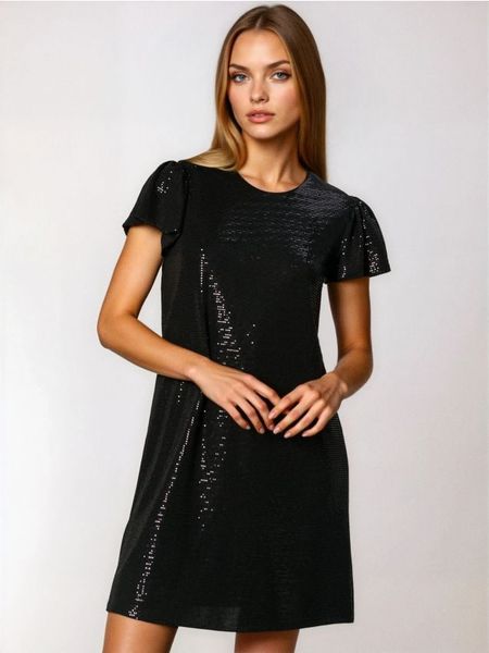 Sukienka mini z połyskującymi aplikacjami - czarny. Czarne sukienki damskie Sinsay, l, z aplikacjami, bez kołnierzyka, bez ramiączek, mini. Za 59.99 zł.