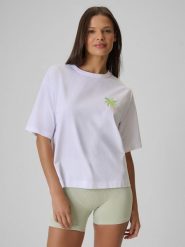 4F T-shirt boxy z nadrukiem damski - biały XL. Białe t-shirty damskie 4f, xl, bez wzorów, z bawełny, bez kołnierzyka. Za 69.99 zł.