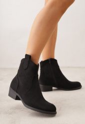 Czarne Ażurowe Botki na Słupku Typu Kowbojki Iolerine. Czarne botki damskie Renee, z jeansu, bez obcasa, na płaskiej podeszwie, bez zapięcia. Za 129.99 zł.