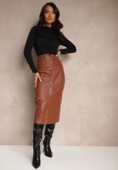 Jasnobrązowa Spódnica z Ekoskóry High Waist z Rozcięciem i Napami z Przodu Asttia. Brązowe spódniczki damskie Renee, na zimę, l, bez wzorów, z bawełny, z podwyższonym stanem, midi, dopasowane. Za 79.99 zł.