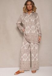 Ciemnobeżowy Komplet z Wiskozą o Kroju Oversize Koszula i Spodnie Nilarithia. Brązowe koszule damskie Renee, bez wzorów, z materiału, eleganckie. Za 89.99 zł.