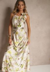 Zielona Sukienka z Satyny w Kwiatowy Wzór Fenimea. Zielone sukienki damskie Renee, na imprezę, na lato, s, bez wzorów, z satyny, eleganckie, bez kołnierzyka, bez ramiączek, maxi. W wyprzedaży za 132.99 zł.