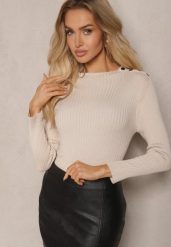 Jasnobeżowy Sweter z Wiskozą z Prążkowanego Materiału Ozdobiony Napami Beroma. Brązowe swetry klasyczne damskie Renee, m, z jeansu, bez kołnierzyka. Za 84.99 zł.