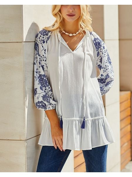 LA Angels Bluzka w kolorze kremowo-niebieskim rozmiar: XL. Brązowe bluzki damskie LA Angels, xl, bez wzorów, z wiskozy, bez kołnierzyka, bez ramiączek. Za 145.95 zł.