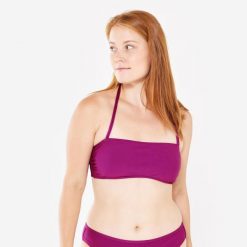 Góra kostiumu kąpielowego surfingowego damska Olaian Laura teksturowana. Fioletowe bikini damskie OLAIAN, bez wzorów. W wyprzedaży za 29.99 zł.