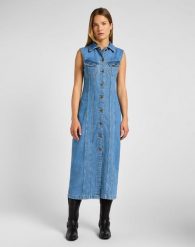 LEE DAMSKA SUKIENKA JENSOWA LONG SLIM DRESS FEELING FINE 112355119 LI68016317. Sukienki damskie Lee, m, bez wzorów, bez kołnierzyka, bez ramiączek. Za 269.99 zł.