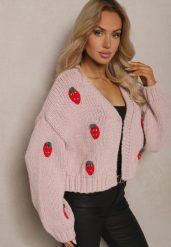 Różowy Krótki Kardigan Bez Zapięć Zdobiony Aplikacjami z Truskawkami Invalina. Czerwone kardigany damskie Renee, l, z aplikacjami. Za 169.99 zł.
