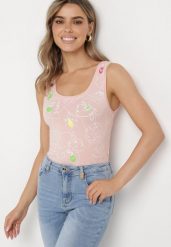 Jasnoróżowy Top Bawełniany z Florystycznym Motywem Bileria. Czerwone topy damskie Born2be, l, bez wzorów, z bawełny, bez kołnierzyka. Za 29.99 zł.