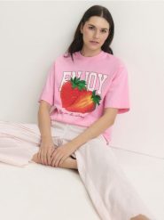 Piżamowe spodnie - pastelowy róż. Czerwone piżamy damskie Reserved, bez wzorów, z bawełny. Za 59.99 zł.