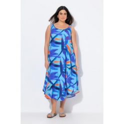 Damskie Sukienka midi kwiaty krój trapezowy okrągły dekolt bez rękawów. Niebieskie sukienki damskie Ulla Popken, l, bez wzorów, z materiału, sportowe, bez kołnierzyka, plus size, bez ramiączek, midi, sportowe. Za 279.99 zł.
