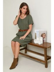 Le Monde du Lin Lniana sukienka w kolorze oliwkowym rozmiar: 34/36. Brązowe sukienki damskie Le Monde du Lin, bez wzorów, ze lnu, bez kołnierzyka, bez ramiączek, midi. Za 152.99 zł.