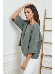 Fleur de Lin Lniana bluzka "Georginia" w kolorze khaki rozmiar: XL. Brązowe bluzki damskie Fleur de Lin, xl, bez wzorów, ze lnu, bez kołnierzyka, bez ramiączek. Za 131.43 zł.
