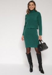 Zielony Komplet Dzianinowy z Wełną i Bawełną Golf i Dopasowana Sukienka Reilaia. Zielone golfy damskie Born2be, bez wzorów, z bawełny, bez ramiączek. Za 109.99 zł.