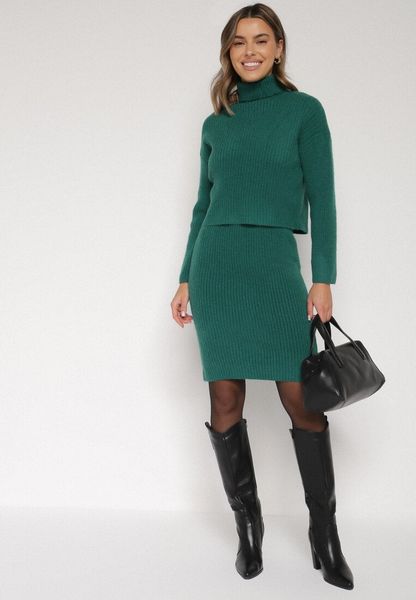 Zielony Komplet Dzianinowy z Wełną i Bawełną Golf i Dopasowana Sukienka Reilaia. Zielone golfy damskie Born2be, bez wzorów, z bawełny, bez ramiączek. Za 109.99 zł.