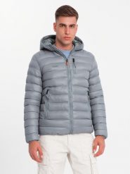 Kurtka męska pikowana z kapturem - szara V2. Szare kurtki męskie Ombre Clothing, m, bez wzorów, z nylonu, z kapturem. W wyprzedaży za 119.99 zł.