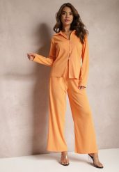 Pomarańczowy Komplet Casualowy Szerokie Spodnie z Gumką w Pasie i Koszula Sansia. Brązowe koszule damskie Renee, bez wzorów, eleganckie. Za 99.99 zł.