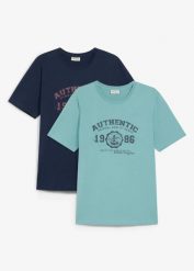 T-shirt z czystej bawełny organicznej (zestaw 2 szt.). Niebieskie t-shirty męskie bonprix, m, bez wzorów, z bawełny, bez kołnierzyka. Za 79.98 zł.