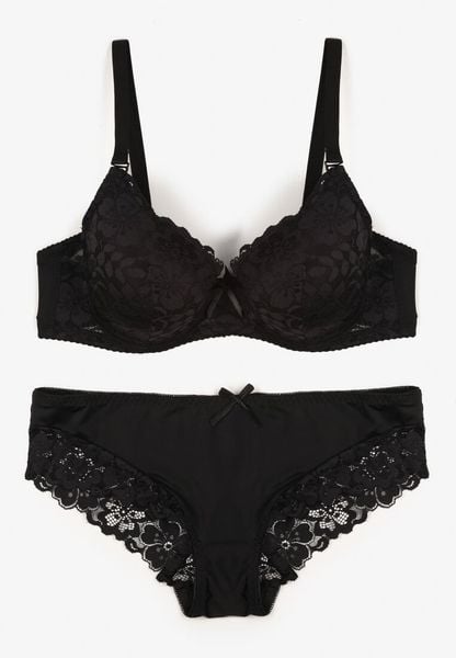 Czarny Koronkowy Komplet Biustonosz i Majtki Figi w Klasycznym Stylu Ezirene. Czarne figi damskie Renee, z aplikacjami, z jeansu. Za 39.99 zł.