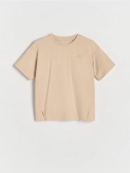 T-shirt z nadrukowanym napisem - beżowy. Brązowe koszulki dziewczęce Reserved, bez wzorów, z bawełny, bez ramiączek. W wyprzedaży za 15.99 zł.