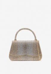 Złota Koktajlowa Torebka Ozdobiona Cyrkoniami Delmine. Żółte torebki klasyczne damskie Born2be, bez wzorów, małe, bez dodatków. Za 79.99 zł.