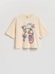 T-shirt Lilo i Stitch - kremowy. Białe koszulki dziewczęce Reserved, bez wzorów, z bawełny, bez ramiączek. Za 45.99 zł.