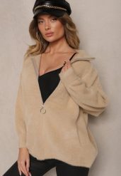 Beżowa Bluza z Wełną ze Ściągaczami i Kołnierzykiem Enadelis. Brązowe bluzy bez kaptura damskie Renee, z wełny. Za 139.99 zł.