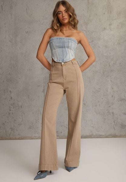 Beżowe Bawełniane Jeansy High Waist Wide Leg z Pionowymi Przeszyciami Ethemithea. Brązowe jeansy damskie Renee, z podwyższonym stanem. Za 129.99 zł.