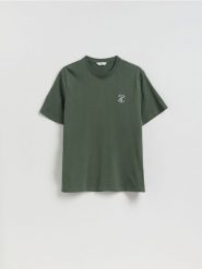 T-shirt regular z bawełny - oliwkowy. Zielone t-shirty męskie Reserved, l, bez wzorów, z bawełny, bez kołnierzyka. Za 49.99 zł.