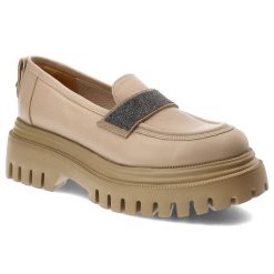 Beżowe Półbuty Karino Eleganckie Skórzane Buty. Brązowe półbuty damskie Karino, z aplikacjami, ze skóry, eleganckie, bez obcasa. Za 429.00 zł.