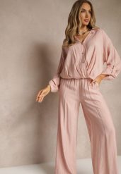 Różowy Komplet z Wiskozy w Stylu Oversize Szerokie Spodnie i Luźna Koszula na Guziki Natinne. Czerwone koszule damskie Renee, bez wzorów, z wiskozy, biznesowe. Za 129.99 zł.