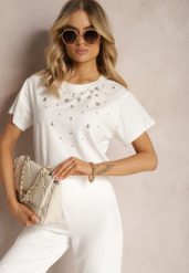 Biały T-shirt z Bawełny Ozdobiony Cyrkoniami Askadia. Białe t-shirty damskie Renee, m, bez wzorów, z bawełny, bez kołnierzyka. Za 109.99 zł.