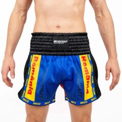 Krótkie Kickbox Nokaut Rumunia. Niebieskie szorty męskie KNOCKOUT, bez wzorów, z materiału. Za 151.79 zł.