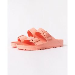 Klapki damskie Birkenstock Arizona Eva. Brązowe klapki damskie Birkenstock, bez wzorów, z materiału, bez obcasa. Za 376.00 zł.